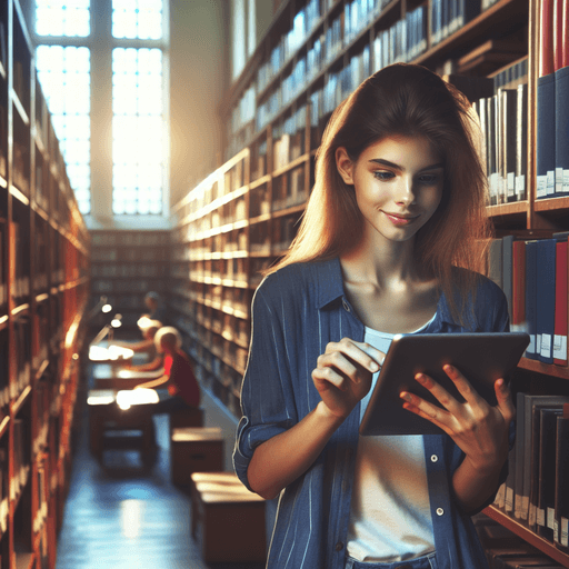Studen in library looking to tablet